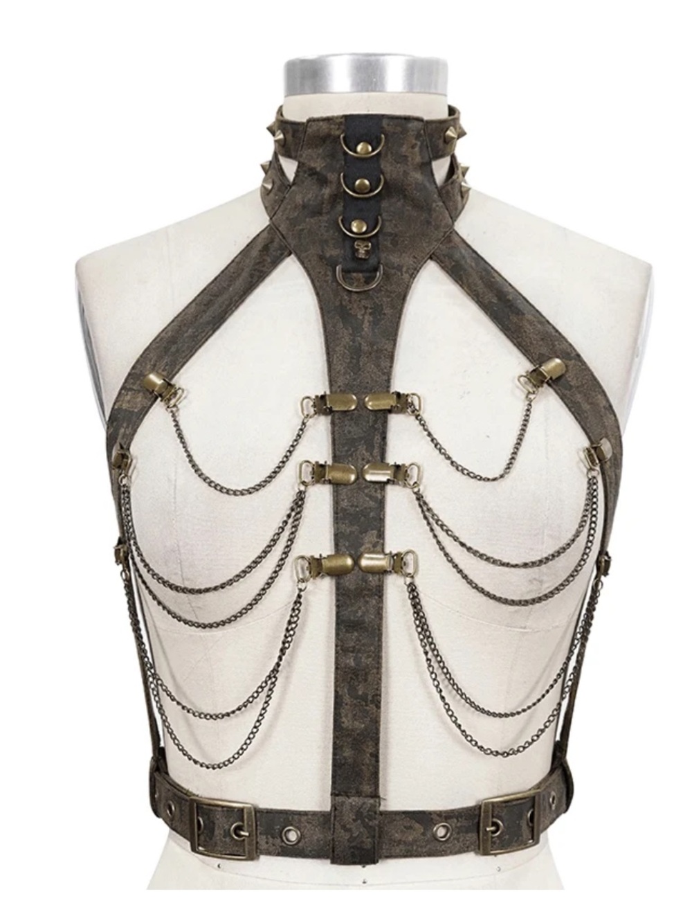 NTW! Steampunk gothic brown black suede/faux leather brass chain harness OS
